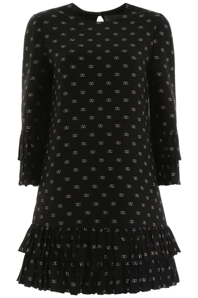 Valentino Mini Dress With V Logo All-over In Black,white