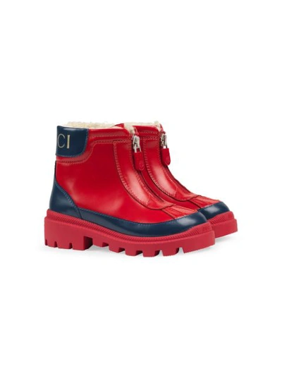 Gucci Kids' Children's Leather Boot With Faux Fur Lining In Red