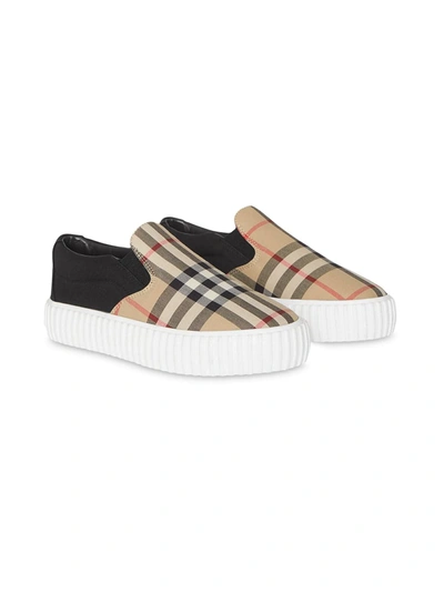 Burberry Kids' Check Cotton Canvas Slip-on Sneakers In Neutrals