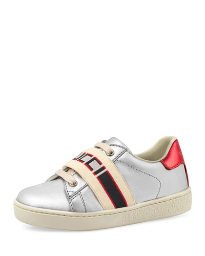 Gucci New Ace  Band Metallic Leather Trainer, Toddler/kids In Grey