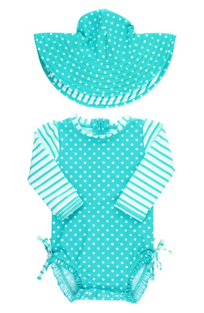Rufflebutts Babies' One-piece Rashguard Swimsuit & Hat Set In Aqua