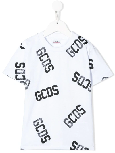 Gcds Kids' Black All-over Logo Print T-shirt In White
