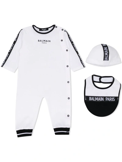 Balmain Babies' Logo Tape Cotton Playsuit Hat And Bib Set 3 - 18 Months In White