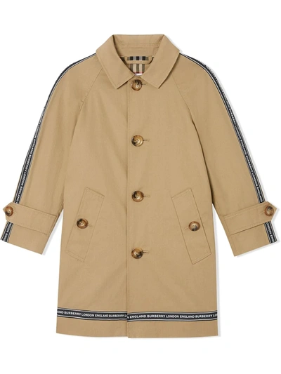 Burberry Kids' Boy's Bradley Trench Coat W/ Logo Tape Trim, Size 3-14 In Beige