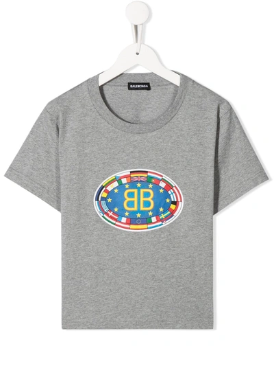 Balenciaga Kids' Flag Logo Print Cotton T-shirt 4-10 Years In Grey