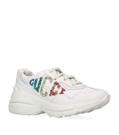 Gucci Kids' Rhyton Glitter-embellished Leather Trainers 5-8 Years In White/comb