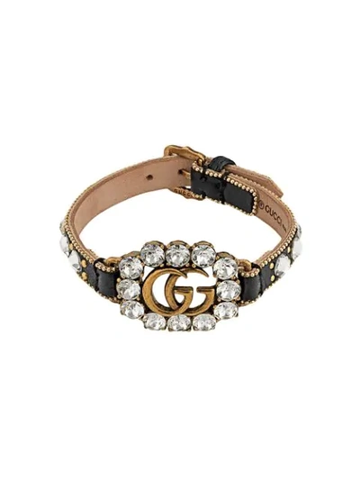 Gucci Womens Leather Gg Marmont Crystal And Leather Bracelet In Black