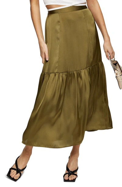 Topshop Flared-hem High-waist Satin Midi Skirt In Olive