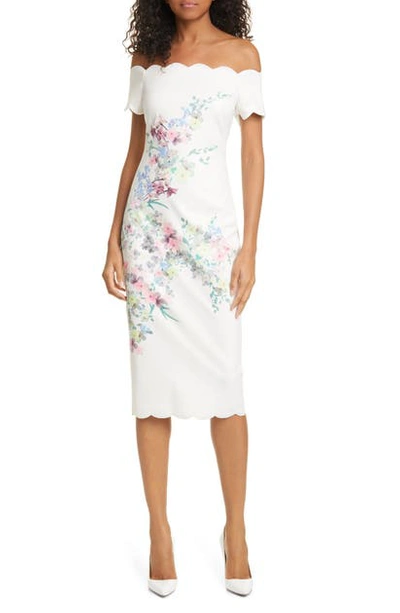 Ted Baker Pergola Off-the-shoulder Floral-print Stretch-crepe Midi Dress In Ivory