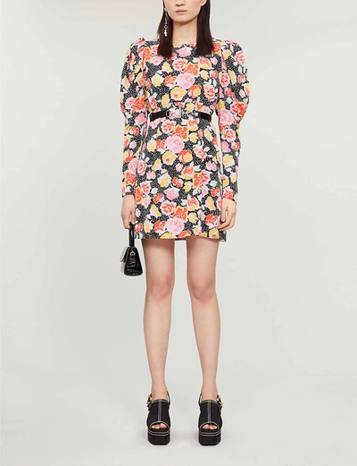 Topshop Floral-print Puffed-sleeve Crepe Mini Dress In Multi