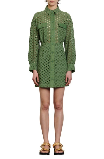 Sandro Shera Embroidered Cotton Mini Dress In Khaki Green