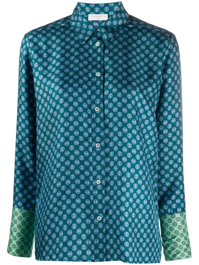 Sandro Sapy Graphic-print Silk-satin Shirt In Blue