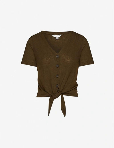 Whistles Buttoned Tie-front Linen Top In Khaki