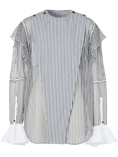 Burberry Ruffle Detail Striped Silk Chiffon Shirt In White