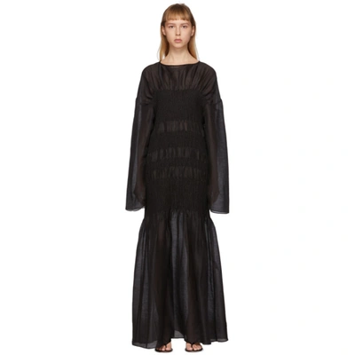 Totême Coripe Black Smocked Linen-blend Maxi Dress In 200 Black