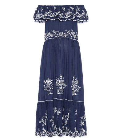 Juliet Dunn Embroidered Cotton Midi Dress In Blue