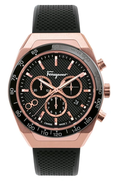 Ferragamo Slx Rose Gold Ip & Rubber Strap Chronograph Watch In Black