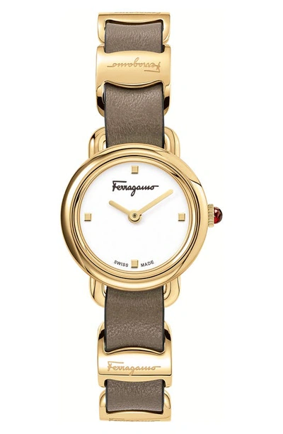 Ferragamo Varina Leather Strap Watch, 22mm In Taupe/ White/ Gold