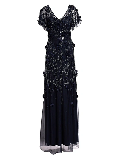 Theia Women's Flutter Sleeve Floral Appliqué Gown In Midnight