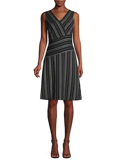 Donna Karan Striped V-neck Dress In Black