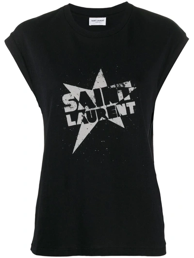Saint Laurent Black And Ivory Sleeveless Logo T-shirt