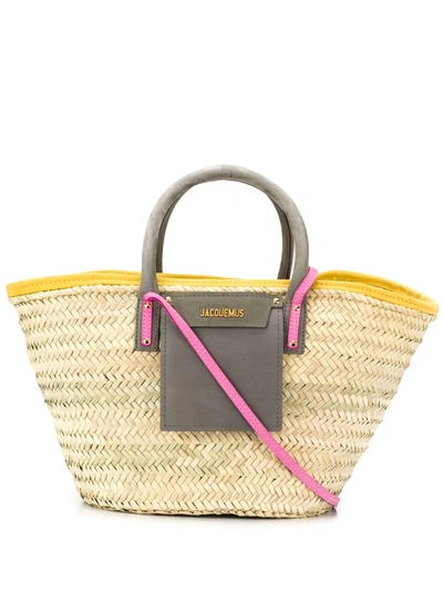 Jacquemus Soleil Nubuck-trimmed Straw Tote In Beige,grey,yellow