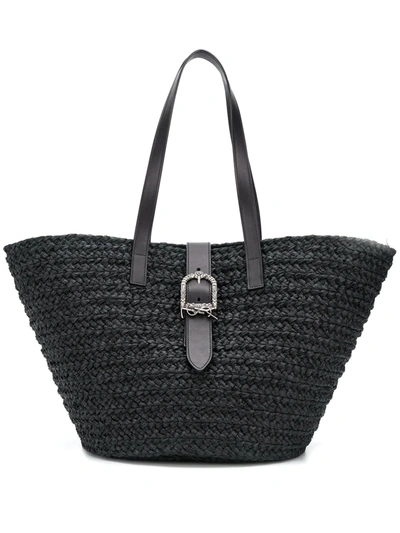 Saint Laurent Raffia Buckle Detailed Tote Bag In Black