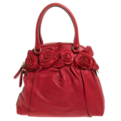 Pre-owned Valentino Garavani Red Leather Rose Detail Small Dome Satchel