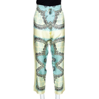 Pre-owned Valentino Turquoise And Yellow Printed Silk Pajama Pants L