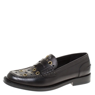 Pre-owned Burberry Black Leather Bedmont Eyelet Detail Penny Loafers Size 37