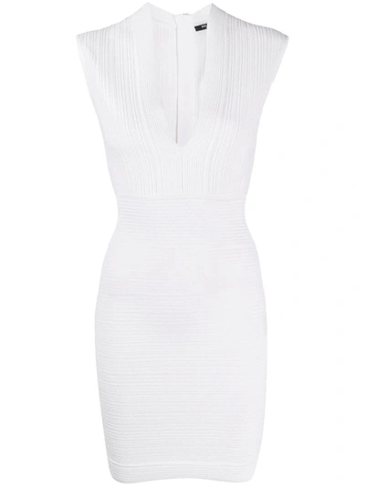 Balmain Sleeveless V-neck Pleated Knit Dress In White