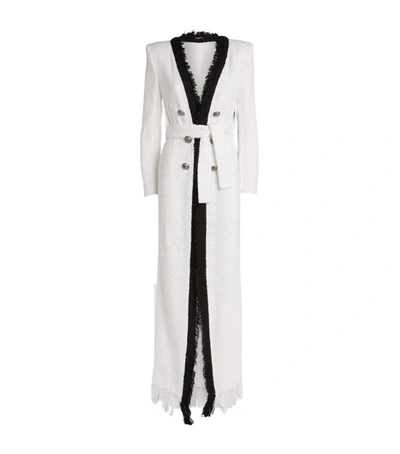 Balmain Long Frayed Tweed Belted Cardigan In White & Black