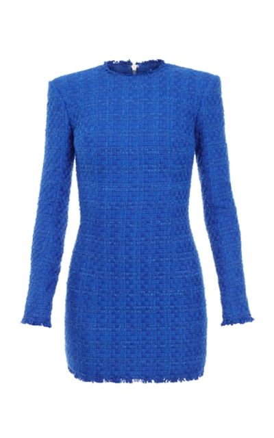 balmain blue tweed dress BALMAIN Long Sleeve Frayed Tweed Dress in Electric Blue