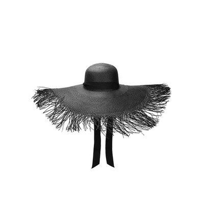 Sensi Studio Black Frayed Wide-brim Straw Hat