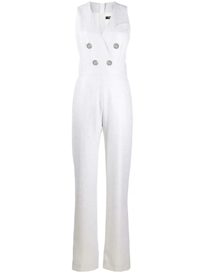 Balmain Double Breasted Sleeveless Lurex Jumpsuit In White
