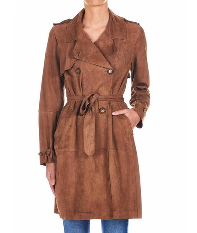 Bully Trench Coat In Leather 'wild Dove' In Brown