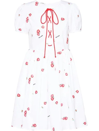 Miu Miu Poplin Floral Embroidered Dress In White