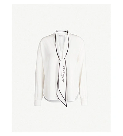 Givenchy Logo-print Tied-neck Silk-crepe Blouse In Black