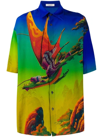 Valentino Dragon At Dawn Button-up Short Sleeve Shirt In Multicolor