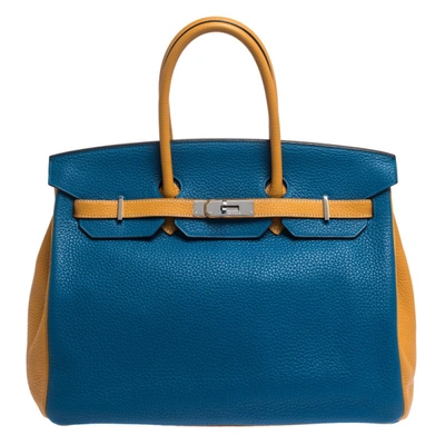 Pre-owned Hermes Blue Hydra/jaune D'or Clemence Leather Special Order Palladium Hardware Birkin 35 Bag