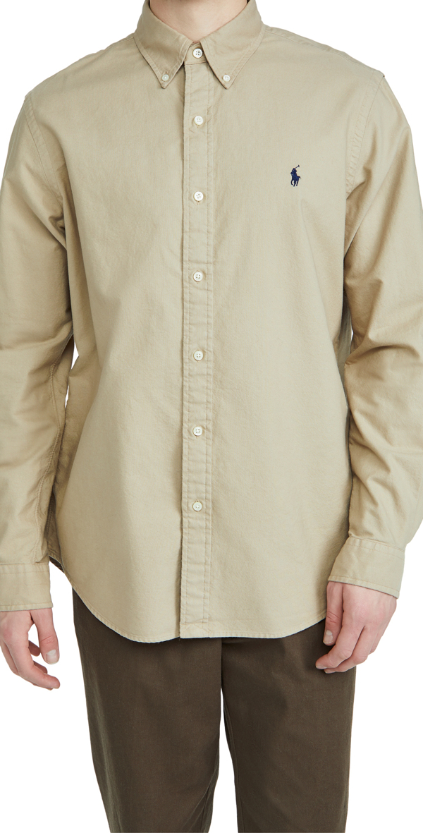 Polo Ralph Garment Dyed Oxford Shirt Slim Fit Player Logo In Tan Exclusive To Asos In Surrey Tan | ModeSens