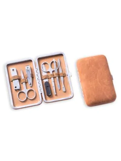 Bey-berk 9-piece Suede & Stainless Steel Manicure Set In Tan