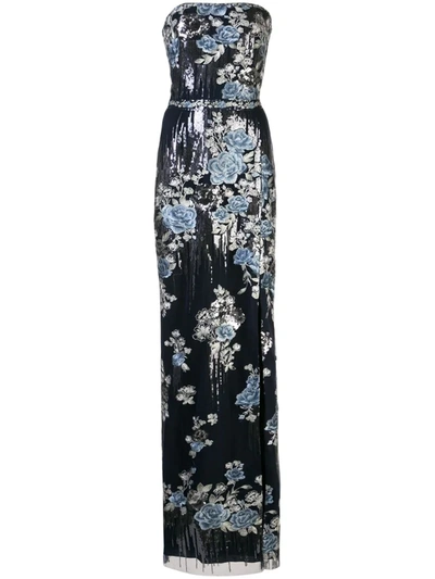 Marchesa Notte Floral Embroidered Sequin Bustier Column Gown In Navy