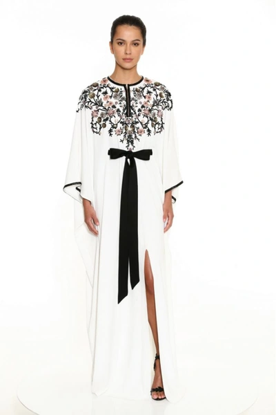 Marchesa Split Neck Crepe Caftan In White