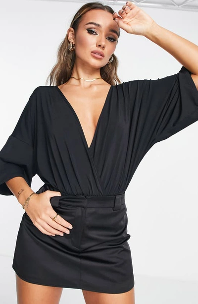 Asos Design Wrap Bodysuit With Angel Sleeve In Black