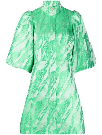 Ganni Crystal-button Puff-sleeve Satin-jacquard Dress In Island Green