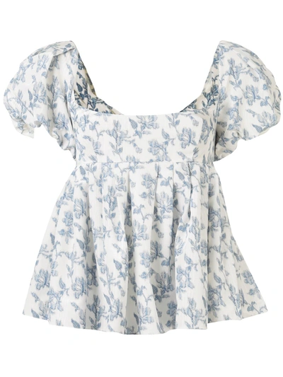 Brock Collection Floral-print Puff-sleeve Peplum Top In White