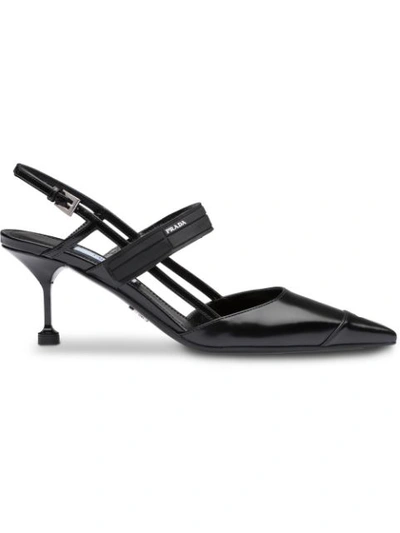 Prada Women's Canvas-trimmed Leather Pumps In Black