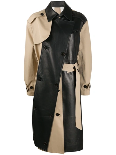 Rokh Leather And Cotton Trench Coat In Black