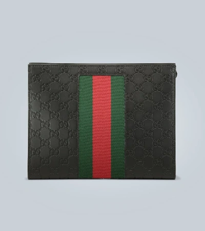 Gucci Black Signature Leather Pouch In Nero